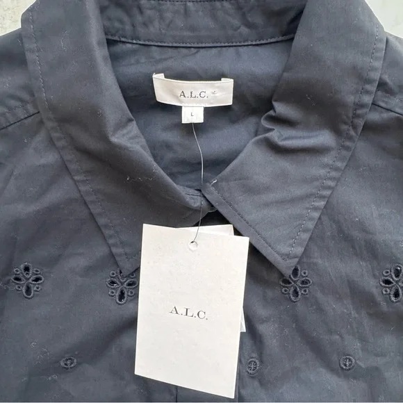 A.L.C Jade Black Cotton Eyelet Embroidered Short Sleeves Blouse Top size L - Picture 8 of 14